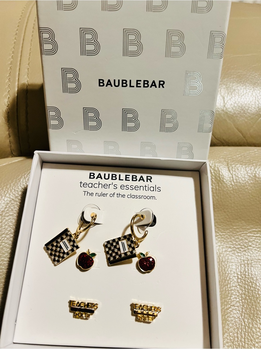BaubleBar Gold and Red Teacher’s Essentials Earring Set of 3.       NWT